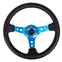 NRG Reinforced Steering Wheel – 350mm Sport Steering Wheel (3″ Deep) – Blue Spoke w/ Round holes / Black Leather